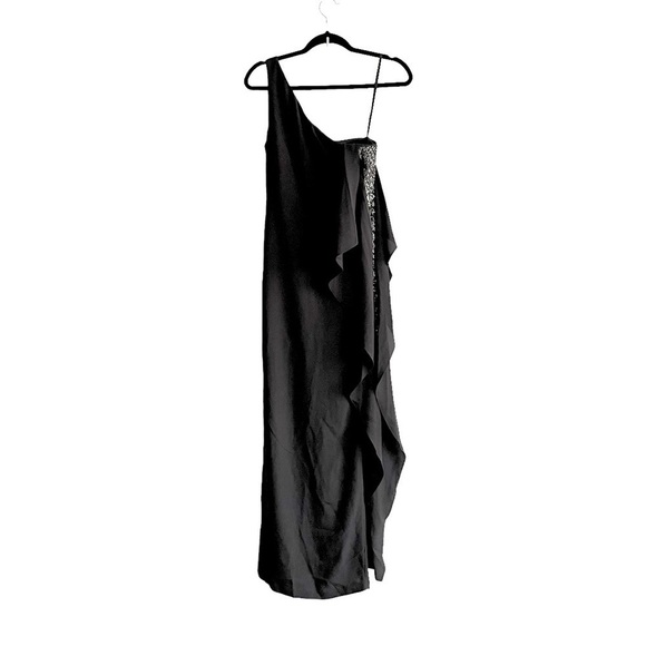 BCBGMaxAzria One-Shoulder Ruffle Glitter Panel Evening Gown Maxi Dress Black 0 - Picture 9 of 13
